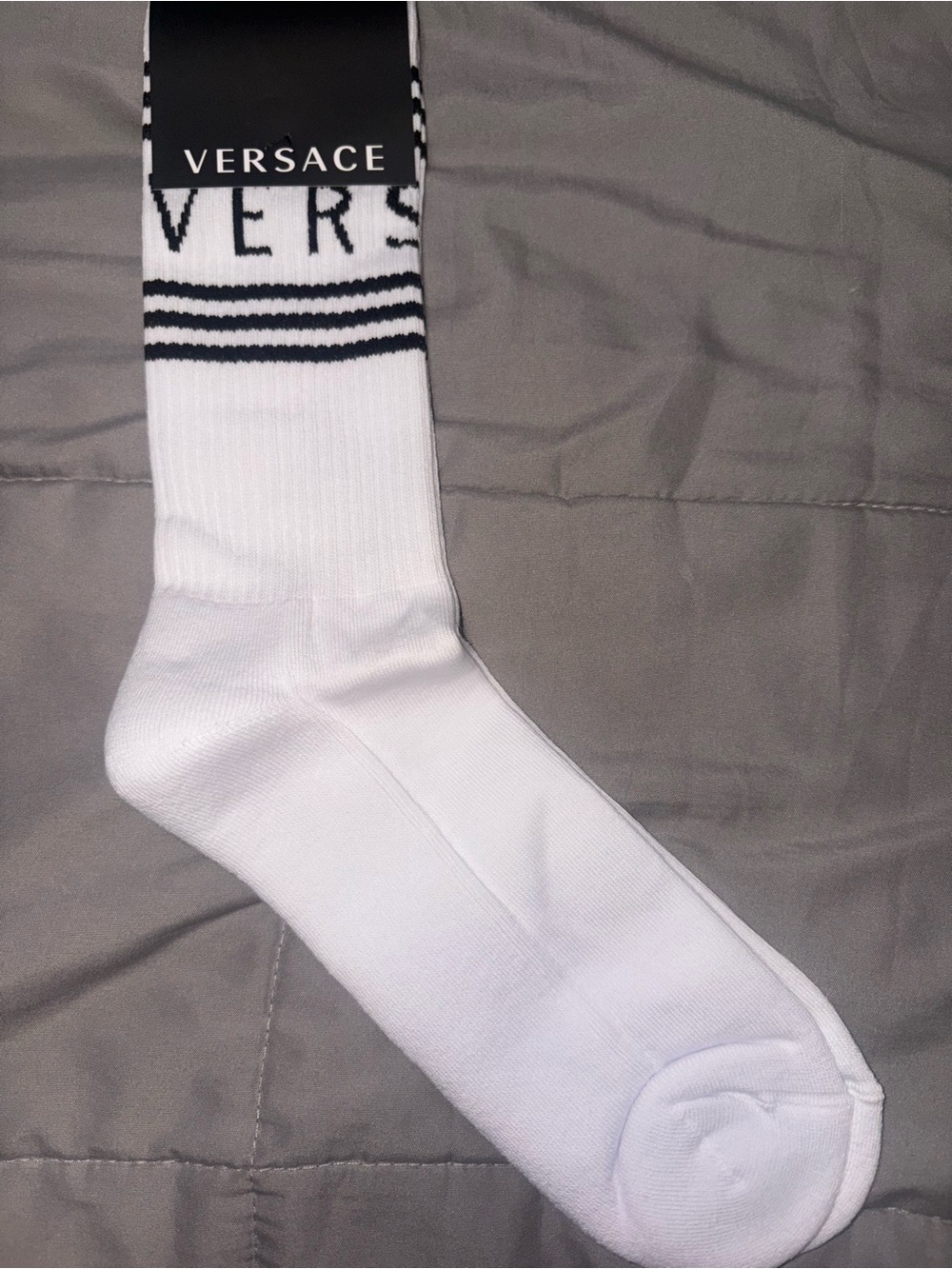 Versace White Socks with Black Logo Stripes
